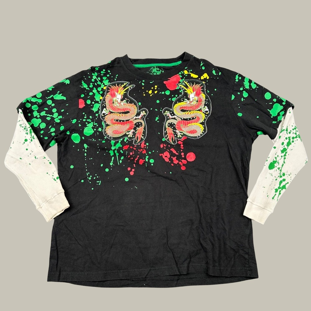 Y2K Jinzu Dragon Graphic Layered T-Shirt Mens XXL Layered Black Green